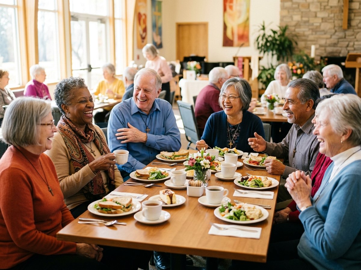 Senior believers smiling during fellowship