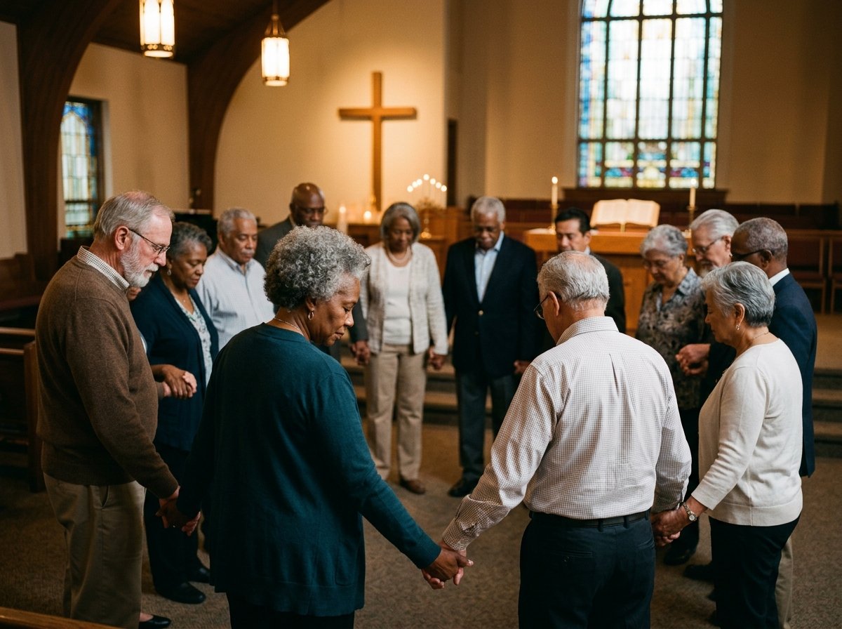 Senior Christian believers joining in prayer