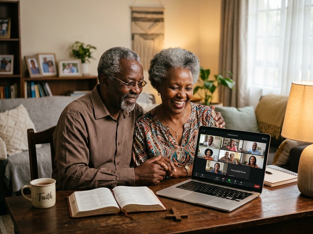 Senior Christian couple participating in online Zoom fellowship