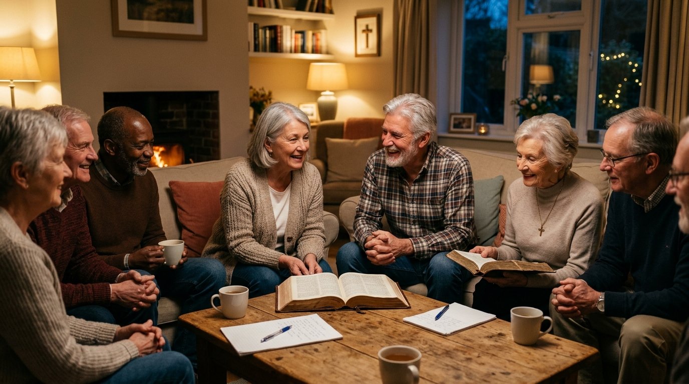 Mature Christian believers gathered in peaceful prayer and fellowship